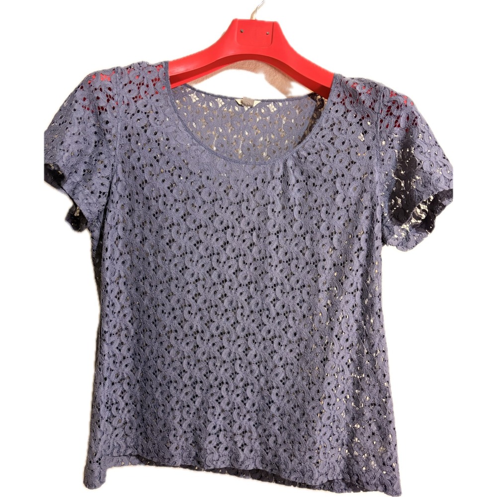 Fossil Womens Blue Lace Crochet Short Sleeve Scoop Neck Top Large Bohemian Y2K